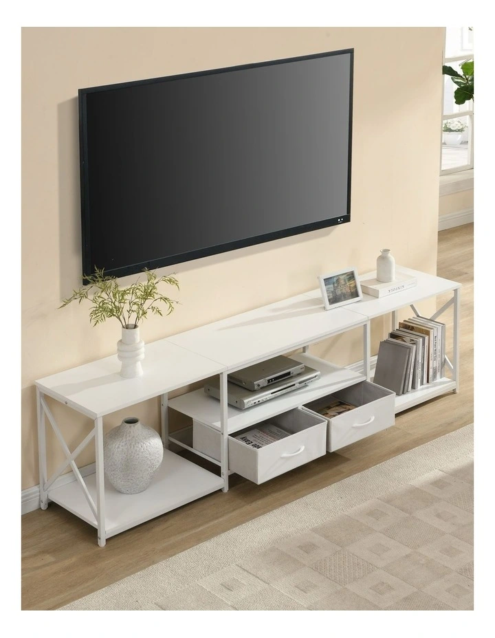 Rustic TV Unit with Fabric Drawers, Entertainment Center and Industrial TV Unit, White image 2