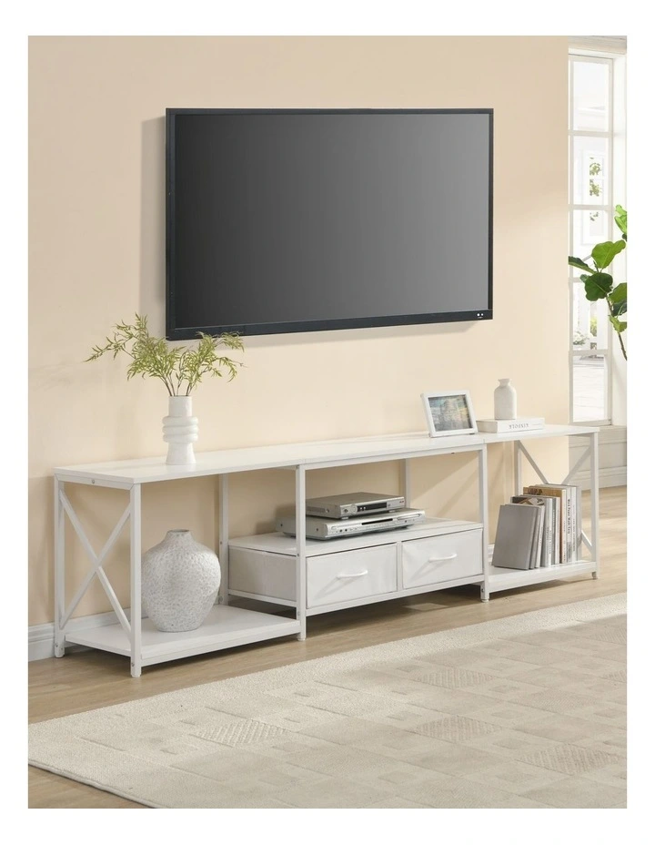 Rustic TV Unit with Fabric Drawers, Entertainment Center and Industrial TV Unit, White image 3