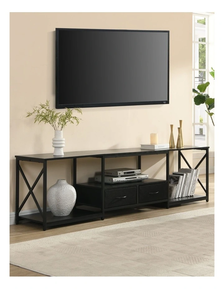 Rustic TV Unit with Fabric Drawers, Entertainment Center and Industrial TV Unit, Black image 2