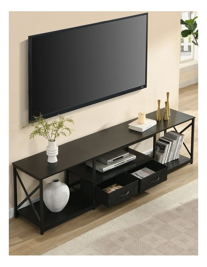 Rustic TV Unit with Fabric Drawers, Entertainment Center and Industrial TV Unit, Black image 3