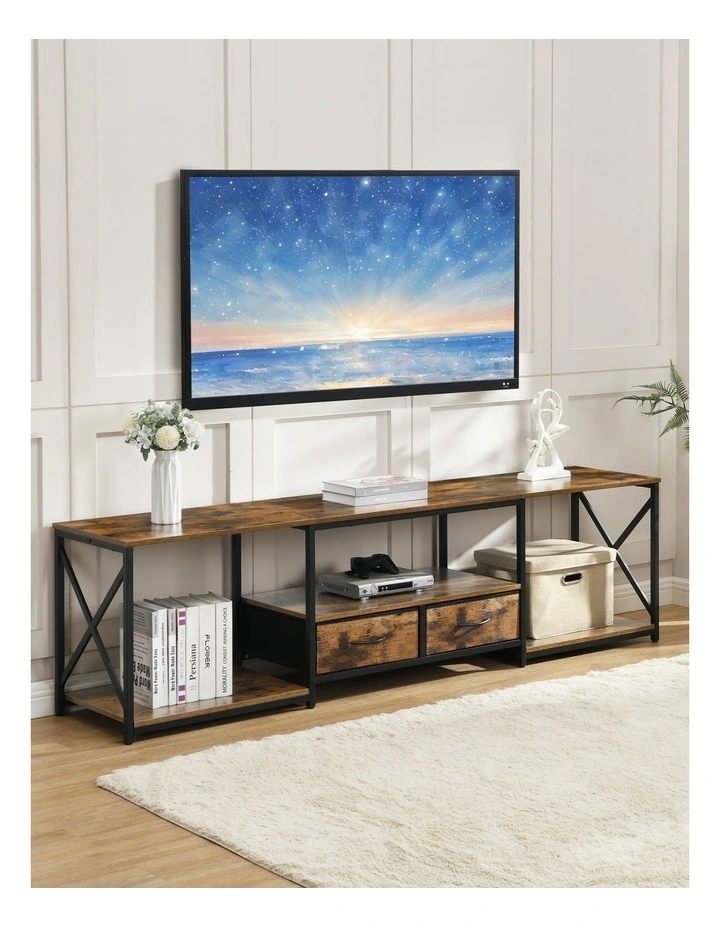 Rustic TV Unit with Fabric Drawers, Entertainment Center and Industrial TV Unit, Brown image 2