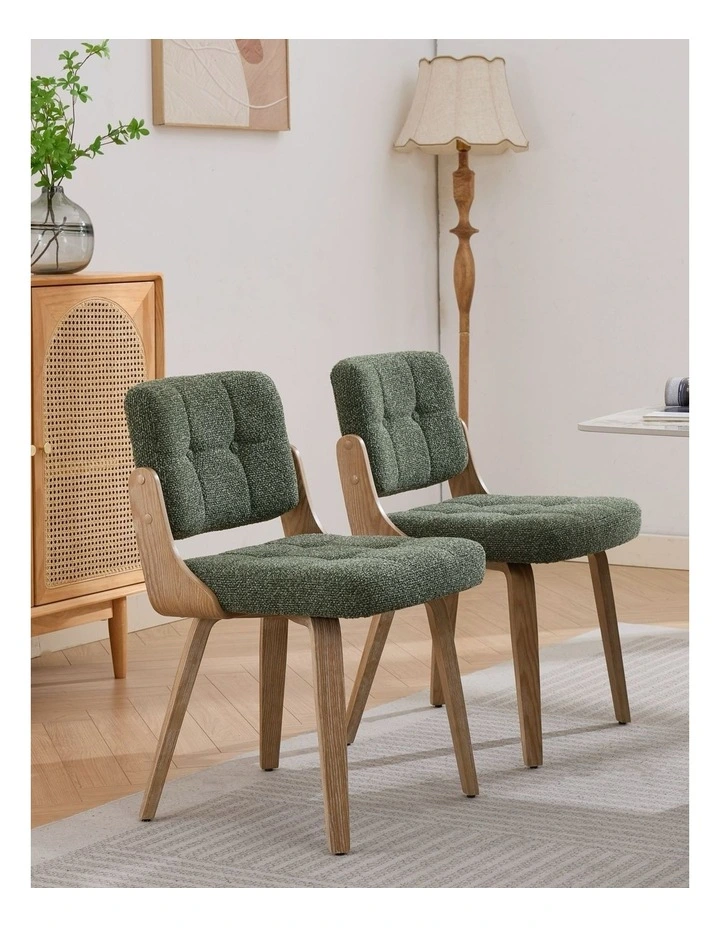 Nordic Button Back Dining Chair Set of 2, Upholstery Dining Chairs with Walnut Bentwood Frame, Green image 2