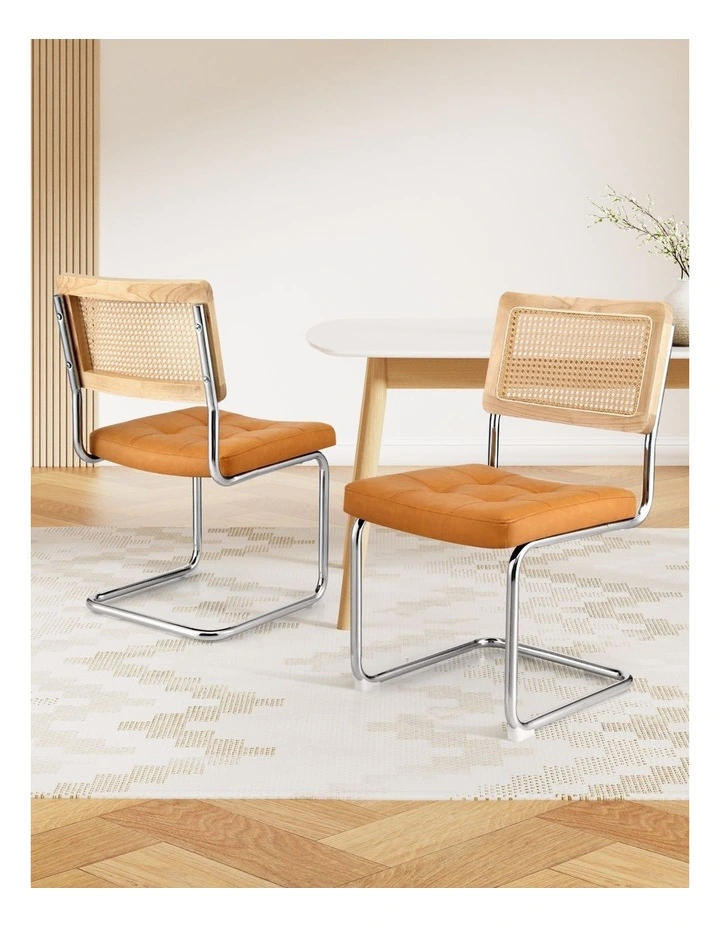 Artiss Dining Chairs Set of 2 PU Leather Rattan Cantilever Brown image 3