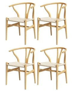 1 Set of 4 Artiss Dining Chairs Wooden Rattan Seat Wishbone Back