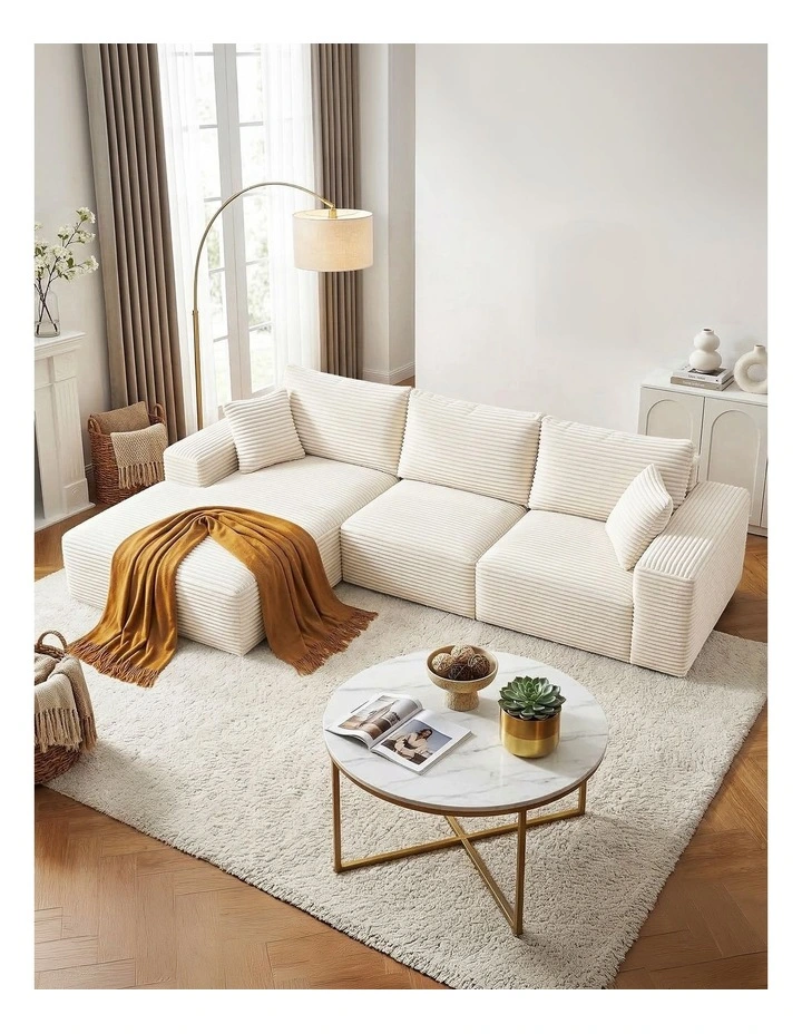 Artiss 3-Seater Modular Sofa Bed Corduroy Compressed Couch White image 3