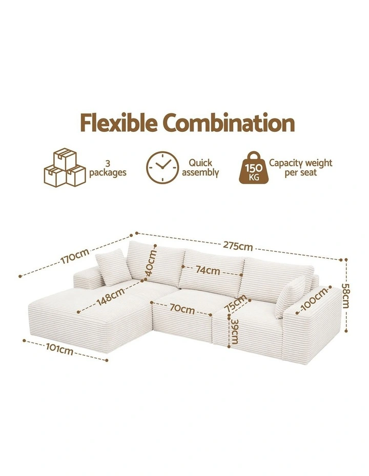 Artiss 3-Seater Modular Sofa Bed Corduroy Compressed Couch White image 4