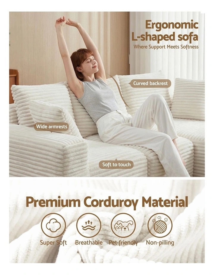 Artiss 3-Seater Modular Sofa Bed Corduroy Compressed Couch White image 6