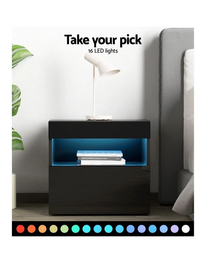 Artiss 2x Bedside Table LED - HERES Black image 6