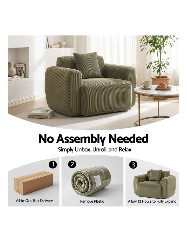 Artiss Compressed Armchair Sofa with Cushion Corduroy No Assembly Green image 4