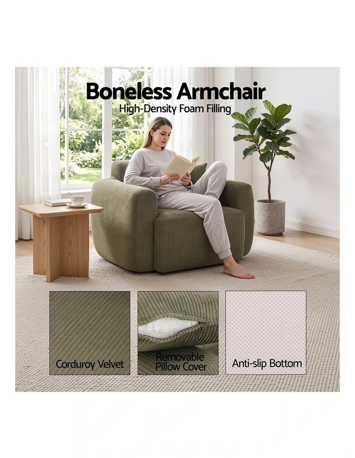 Artiss Compressed Armchair Sofa with Cushion Corduroy No Assembly Green image 5