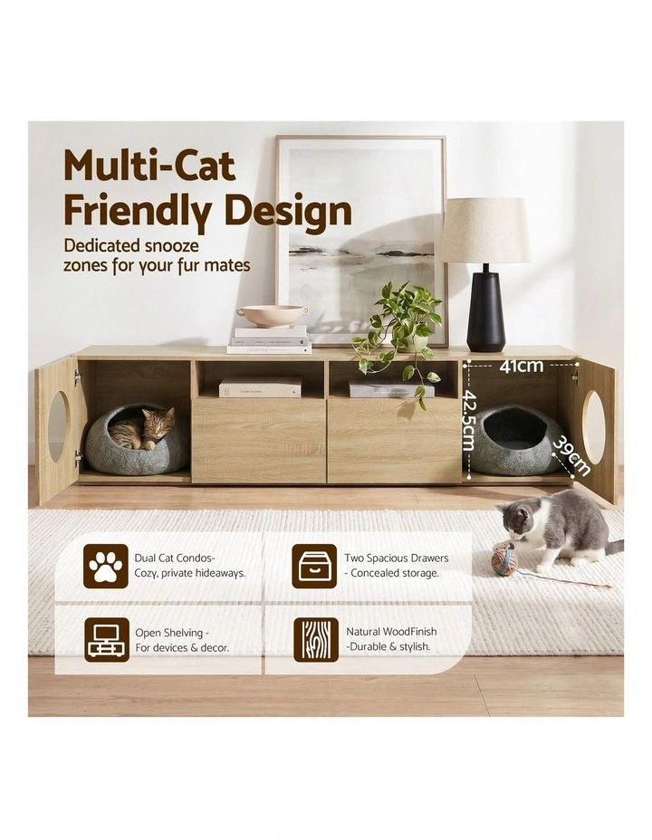 Artiss 185CM TV Unit with Cat House Storage Cabinet Pine image 4