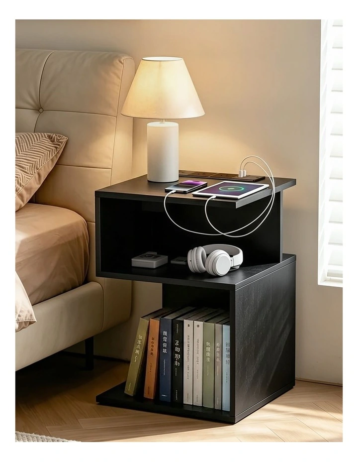 Artiss Bedside Table 2 Shelves S-Shaped Charging Station Black image 3