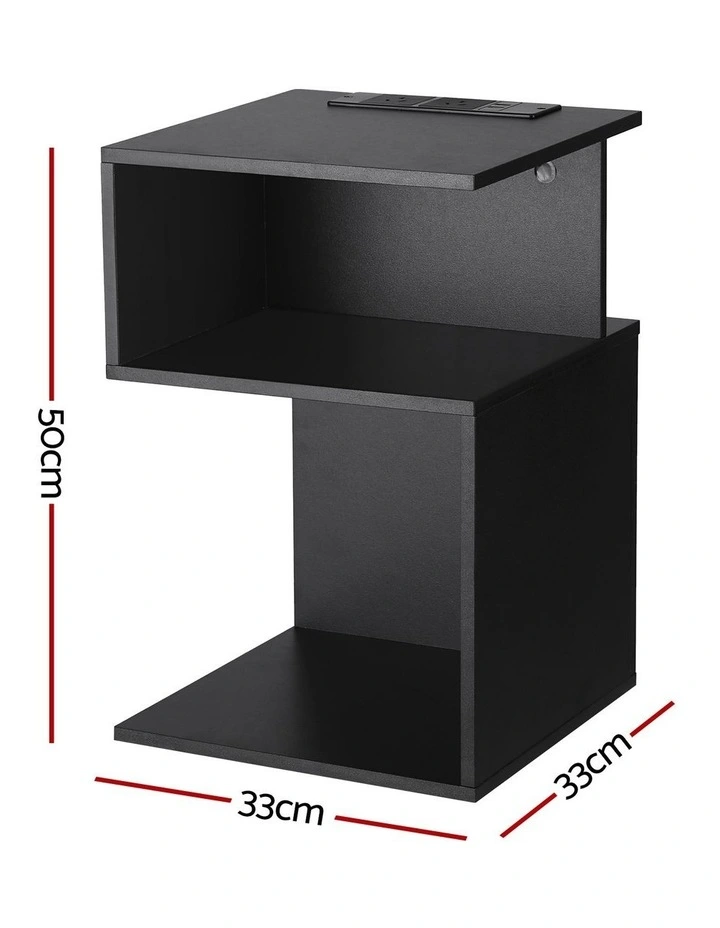 Artiss Bedside Table 2 Shelves S-Shaped Charging Station Black image 4