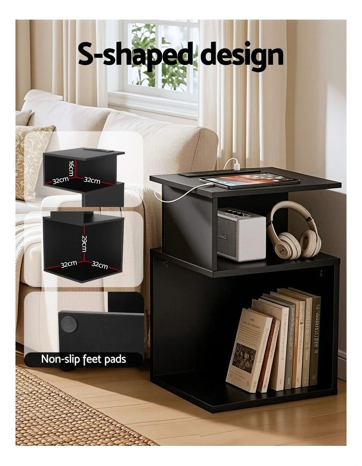 Artiss Bedside Table 2 Shelves S-Shaped Charging Station Black image 5