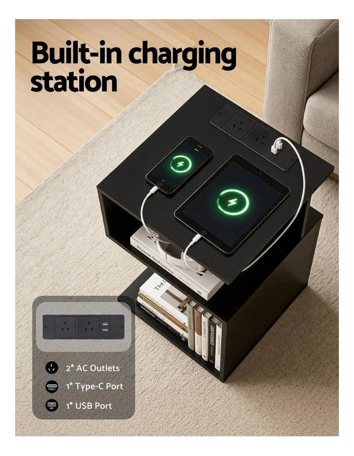 Artiss Bedside Table 2 Shelves S-Shaped Charging Station Black image 6