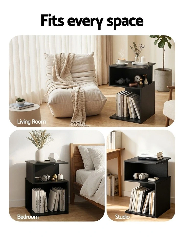 Artiss Bedside Table 2 Shelves S-Shaped Charging Station Black image 7