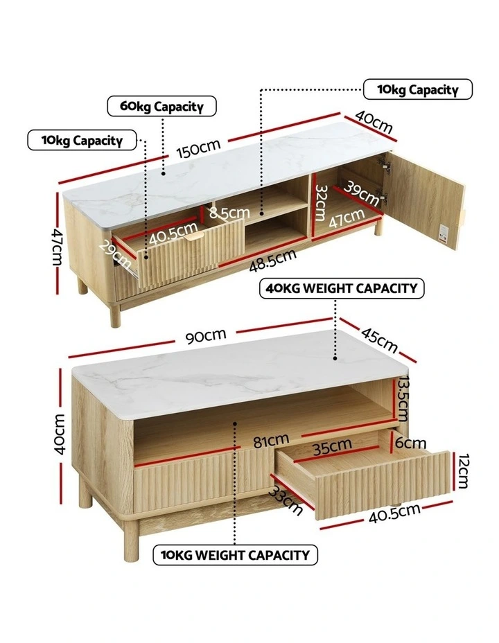 Artiss TV Unit & Coffee Table Set Storage Drawers Pine image 3