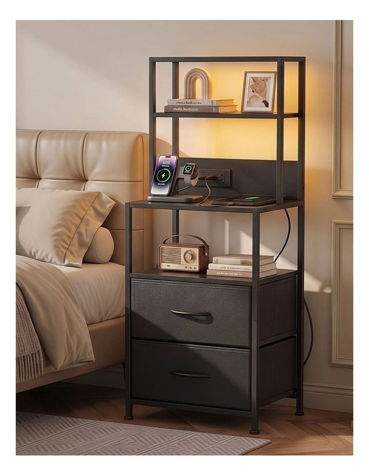Artiss Bedside Table Tall Nightstand with Charging Station Drawers LED Black image 4