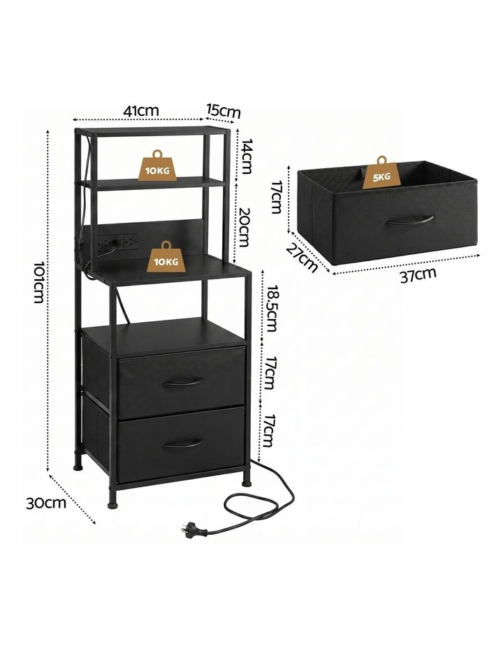Artiss Bedside Table Tall Nightstand with Charging Station Drawers LED Black image 5