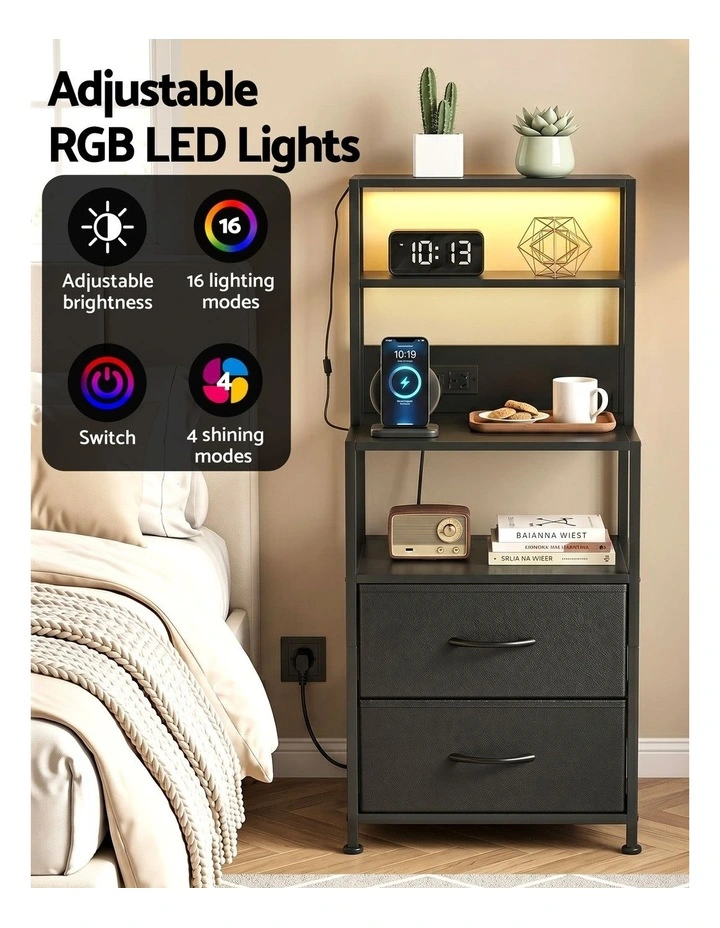 Artiss Bedside Table Tall Nightstand with Charging Station Drawers LED Black image 6