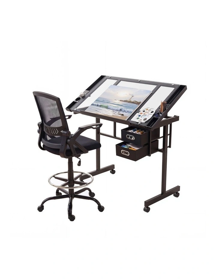 Artiss Drawing Table & Ergonomic Chair with Tempered Glass Top image 1