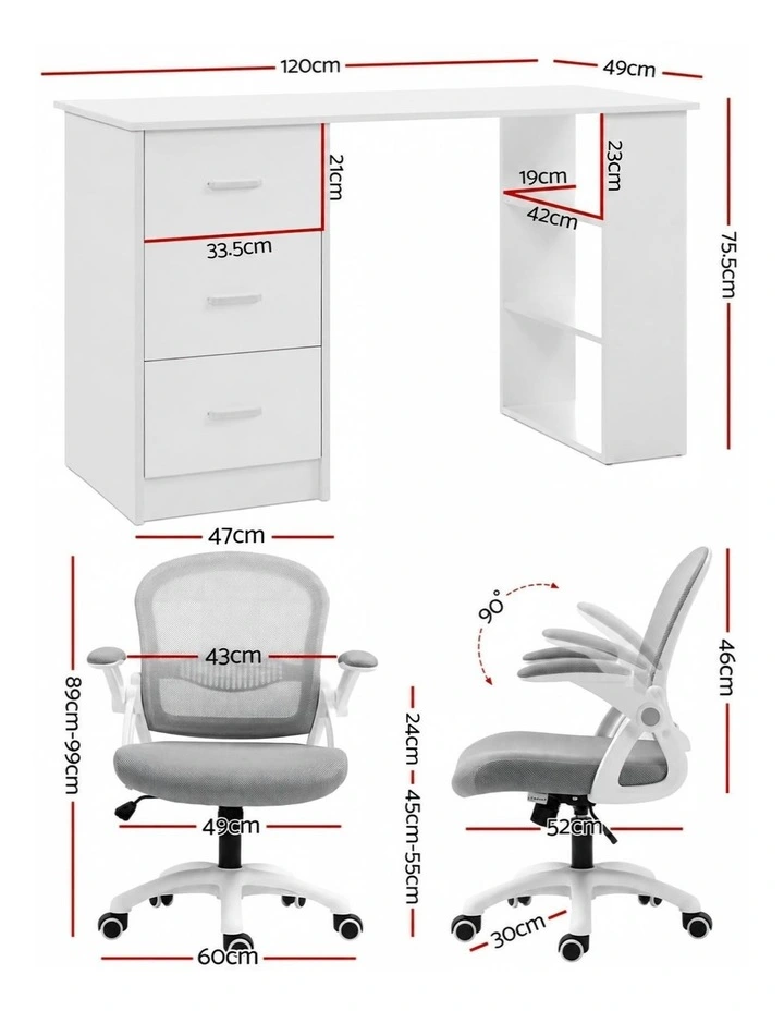 Artiss Computer Desk & Chair Set 120cm with 3 Drawers Shelves Mesh Office Chair image 2
