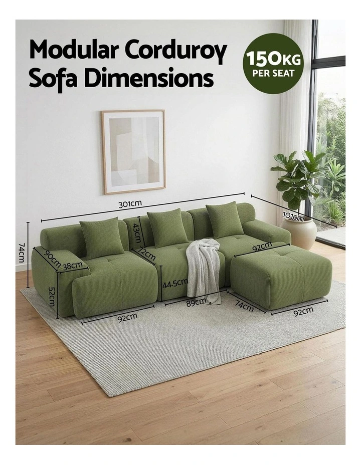 Artiss 300cm Modular Sofa Bed Comfort L-Shaped Sectional Boneless Couch Green image 4