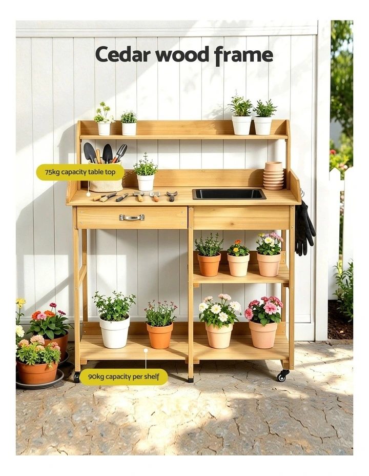 Gardeon Outdoor Potting Bench Table Storage Cabinet Potters Garden Workstation Natural image 4