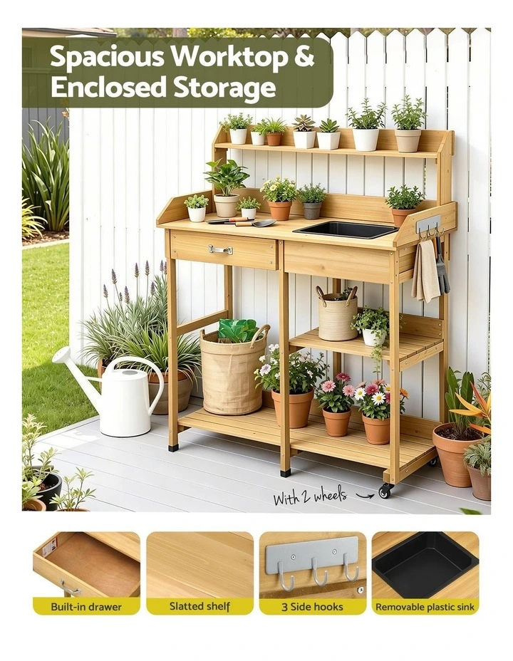 Gardeon Outdoor Potting Bench Table Storage Cabinet Potters Garden Workstation Natural image 5