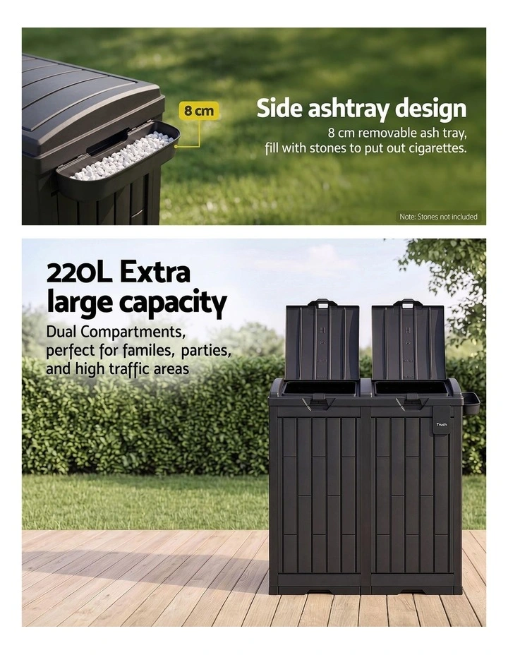 Gardeon Outdoor Trash Cans Dual Compartment Trash Can 220L Black image 4
