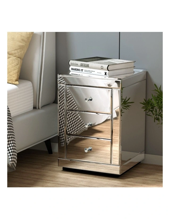 Artiss Set of 2 Bedside Table 3 Drawers Mirrored Glass - PRESIA Silver image 3