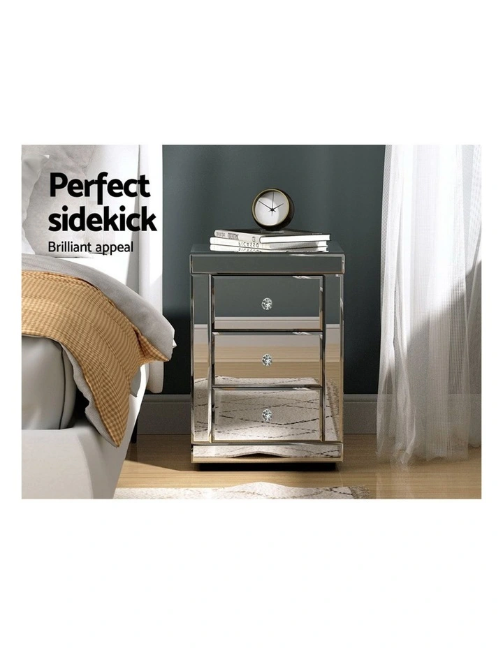 Artiss Set of 2 Bedside Table 3 Drawers Mirrored Glass - PRESIA Silver image 5