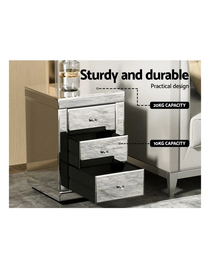 Artiss Set of 2 Bedside Table 3 Drawers Mirrored Glass - PRESIA Silver image 6