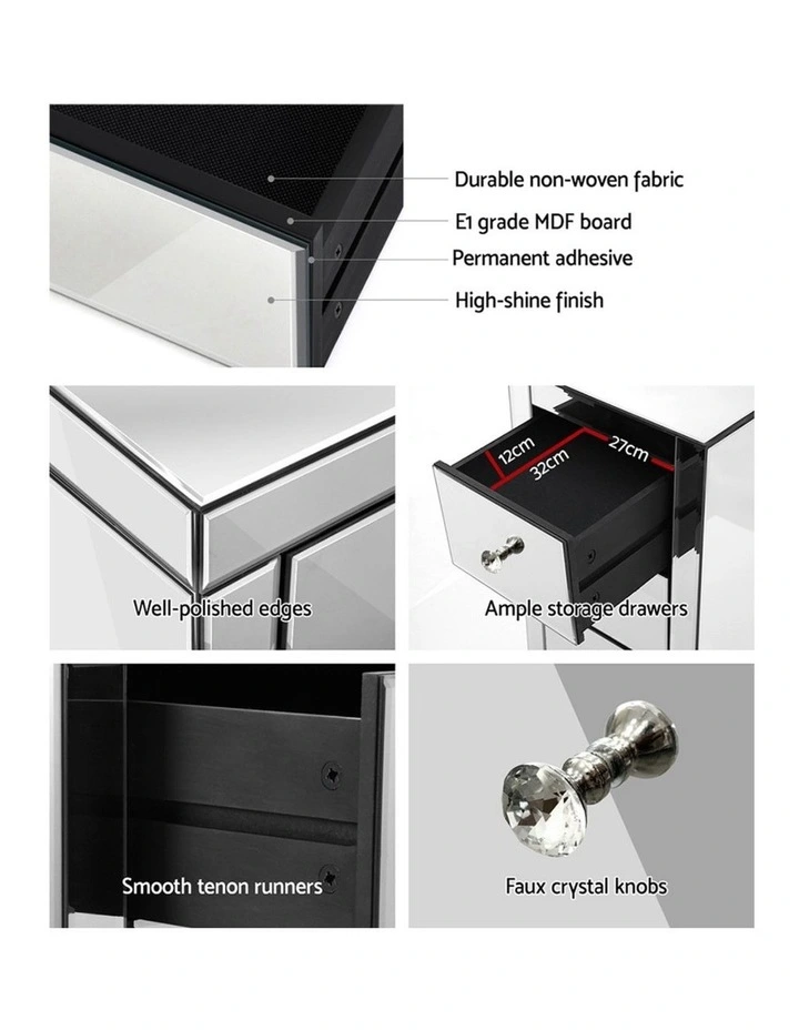 Artiss Set of 2 Bedside Table 3 Drawers Mirrored Glass - PRESIA Silver image 7