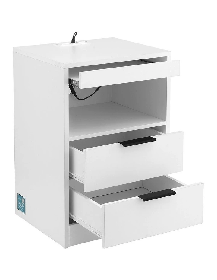 Artiss Bedside Table LED Nightstand Charging Station 2 Drawers - White image 3