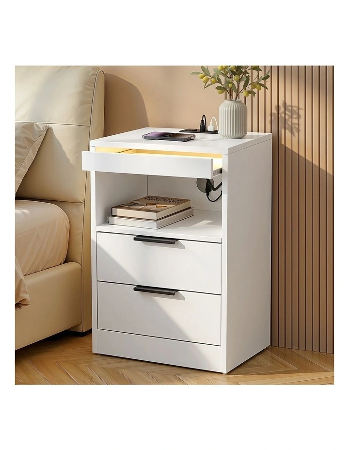 Artiss Bedside Table LED Nightstand Charging Station 2 Drawers - White image 4