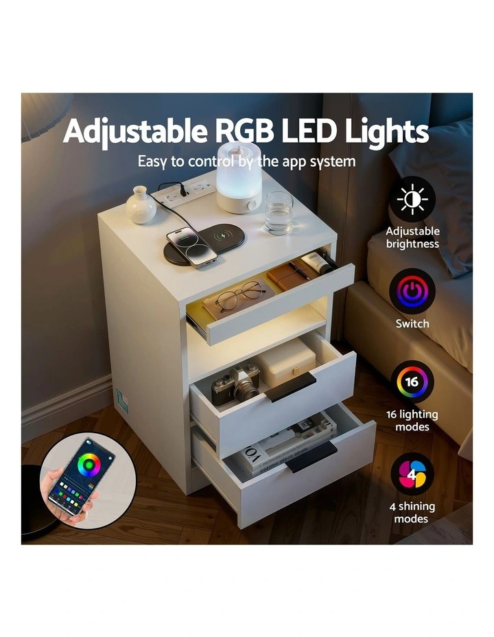 Artiss Bedside Table LED Nightstand Charging Station 2 Drawers - White image 6
