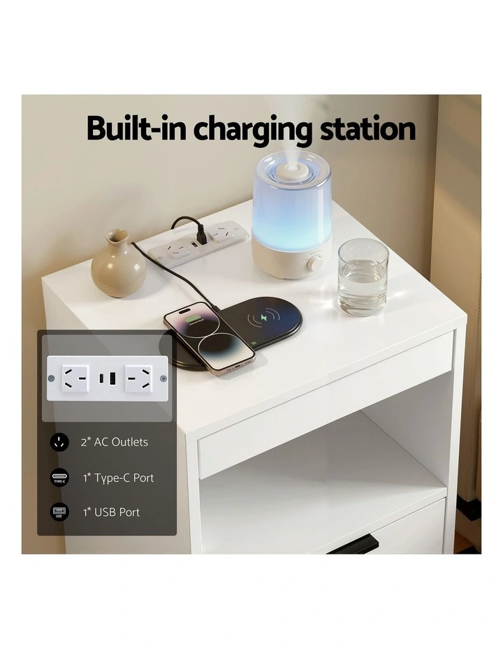 Artiss Bedside Table LED Nightstand Charging Station 2 Drawers - White image 7