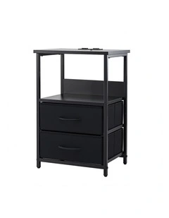 Artiss Bedside Table LED Nightstand Charging Station 2 Drawers Foldable Black