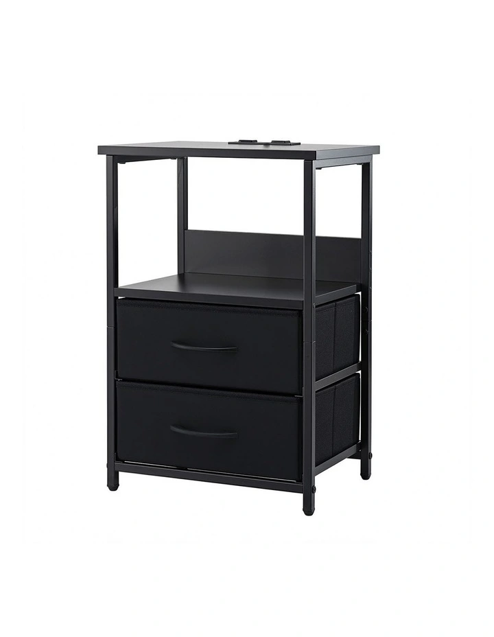 Artiss Bedside Table LED Nightstand Charging Station 2 Drawers Foldable Black image 1