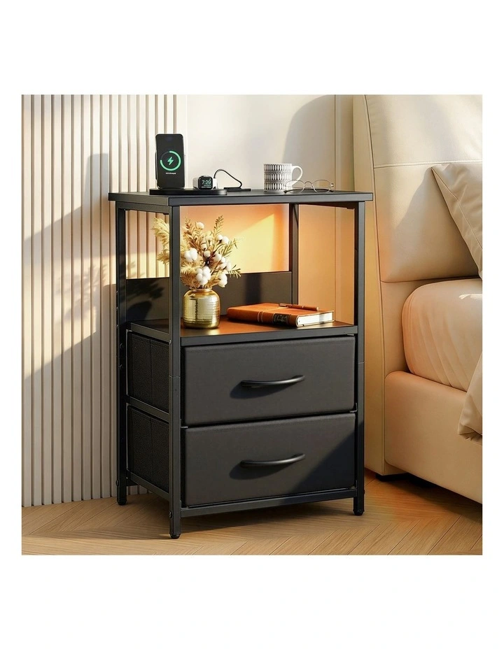 Artiss Bedside Table LED Nightstand Charging Station 2 Drawers Foldable Black image 4