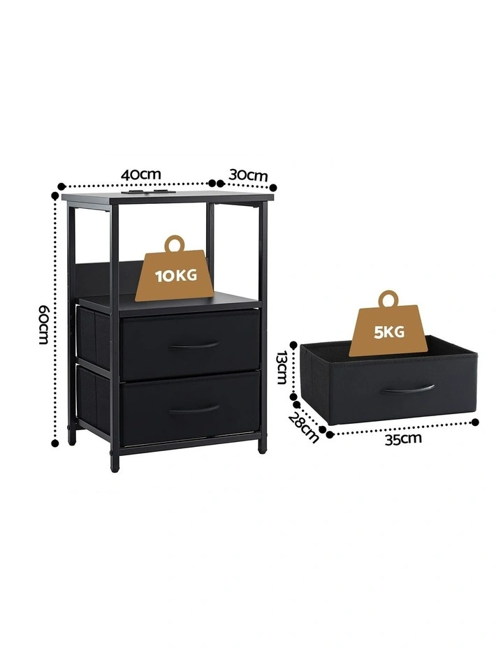 Artiss Bedside Table LED Nightstand Charging Station 2 Drawers Foldable Black image 5