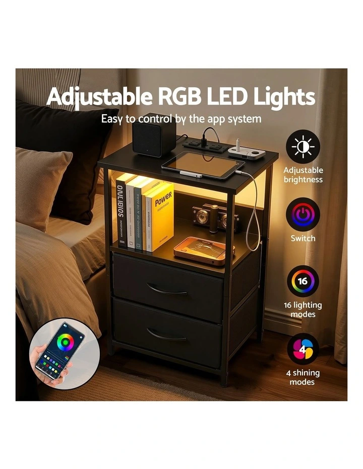 Artiss Bedside Table LED Nightstand Charging Station 2 Drawers Foldable Black image 6