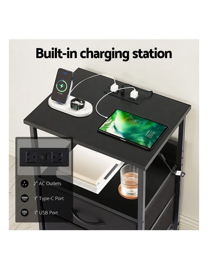 Artiss Bedside Table LED Nightstand Charging Station 2 Drawers Foldable Black image 7