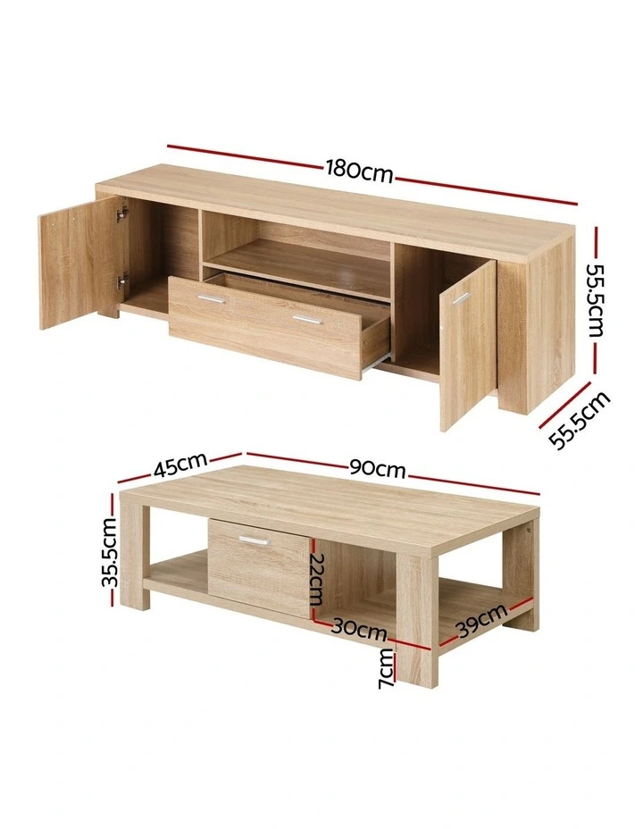 Artiss TV Unit & Coffee Table Set Storage Drawer Pine image 3