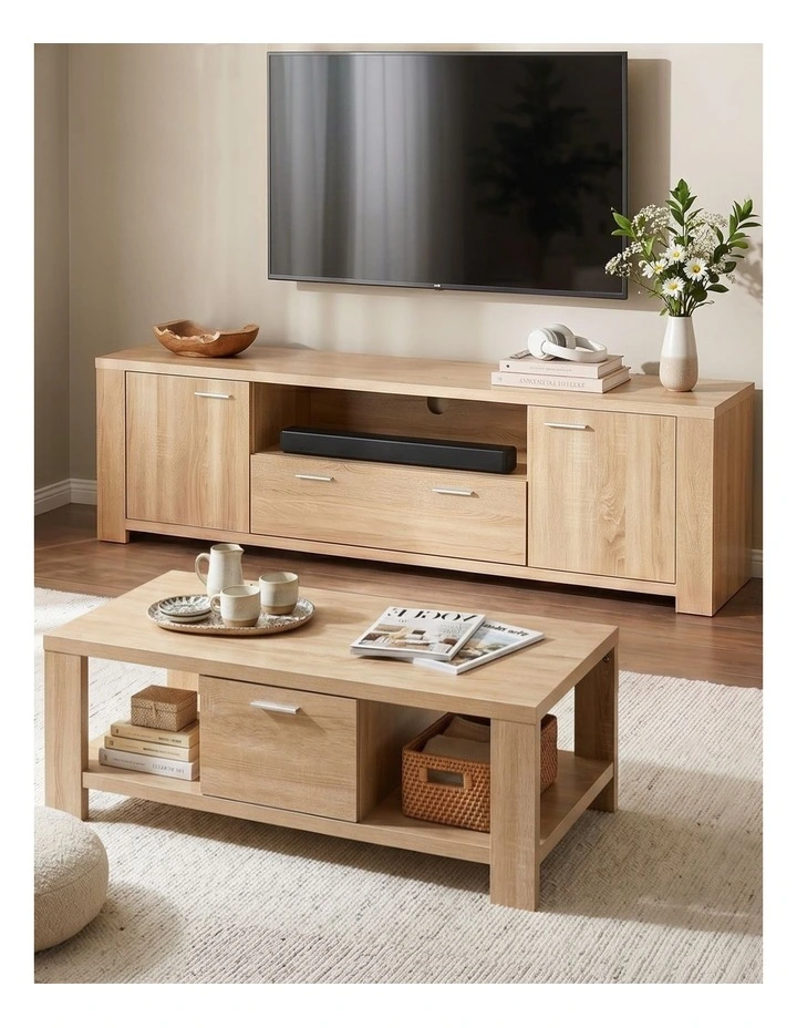 Artiss TV Unit & Coffee Table Set Storage Drawer Pine image 4