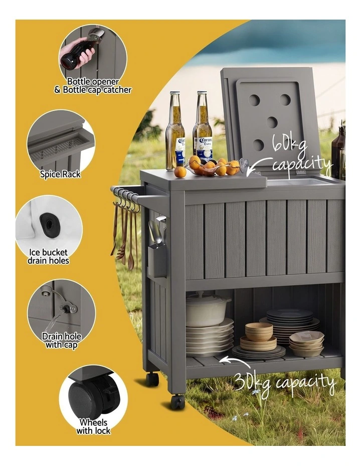Gardeon Outdoor Storage Cabinet Box 80L Ice Bucket Cooler Rolling Serving Cart Kitchen Trolley Brown image 4