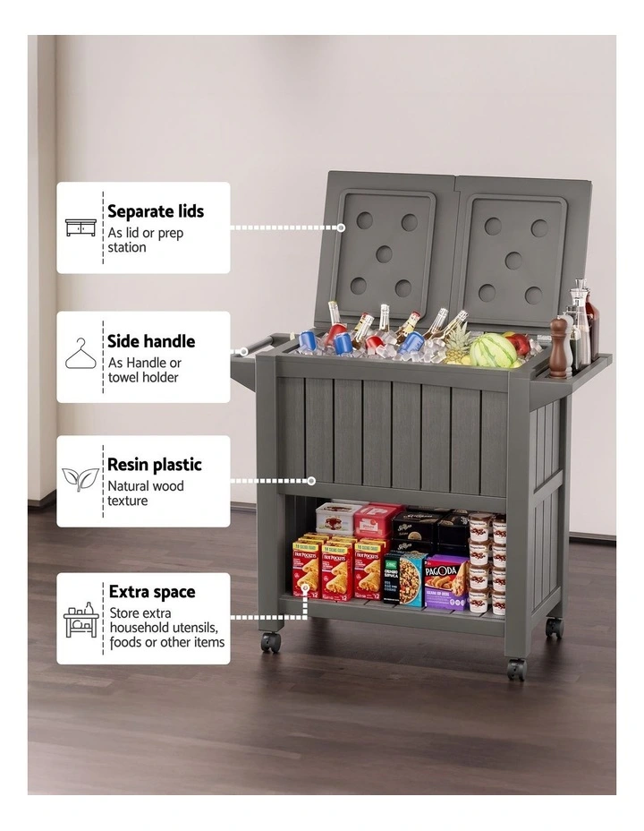 Gardeon Outdoor Storage Cabinet Box 80L Ice Bucket Cooler Rolling Serving Cart Kitchen Trolley Brown image 6