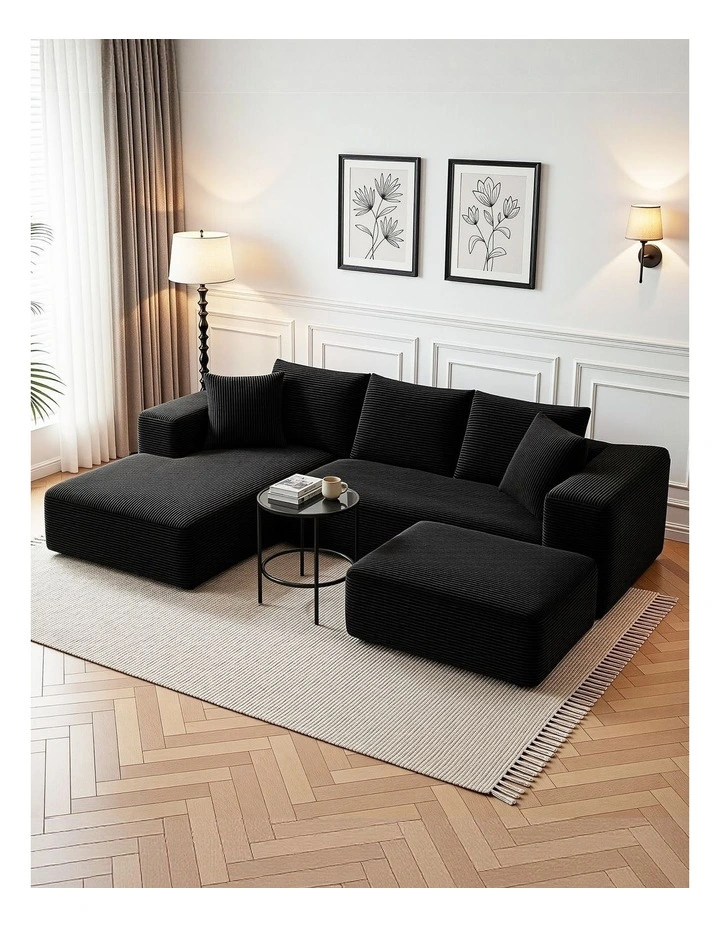 Artiss Modular Sofa Bed with Ottoman Corduroy Sectional Compressed Black image 3