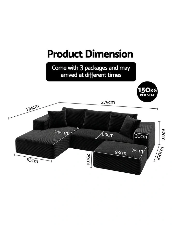 Artiss Modular Sofa Bed with Ottoman Corduroy Sectional Compressed Black image 4